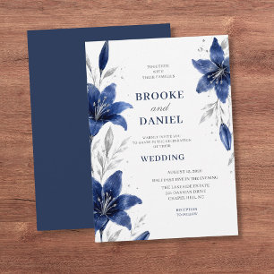 Minimale Navy-Lilie Silber-Zweig Hochzeit Einladung