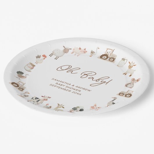 Minimale Niedliche Landtiere Barnyard Baby Dusche Pappteller (Schrägansicht)