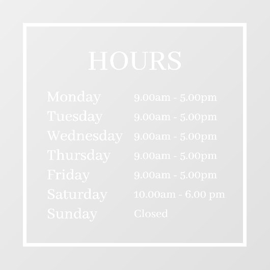 Minimale Öffnungszeiten Transparente Fensterklamme Fensteraufkleber (Blatt)