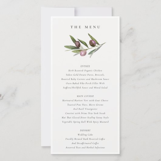 Minimale Olive Branch Foliage Wedding Menu Card Dankeskarte (Vorderseite)