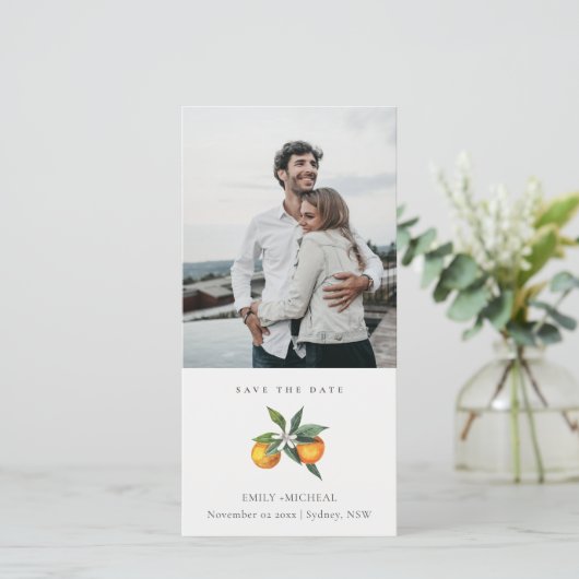 Minimale Orange Botanical Foto Save the Date Karte (Stehend Vorderseite)