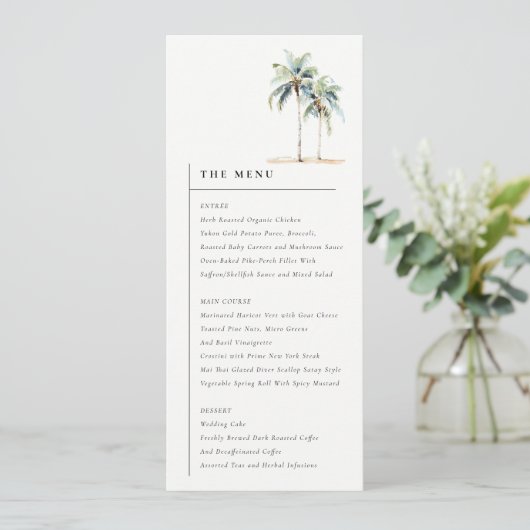 Minimale Palm Trees Tropical Wedding Menu Card Einladung (Stehend Vorderseite)