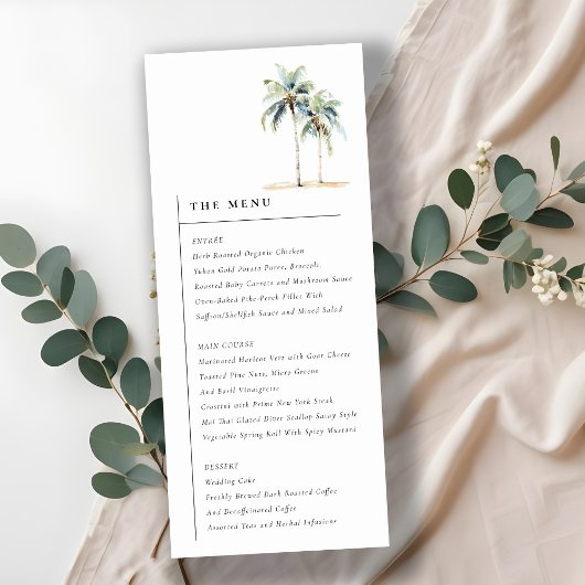 Minimale Palm Trees Tropical Wedding Menu Card Einladung