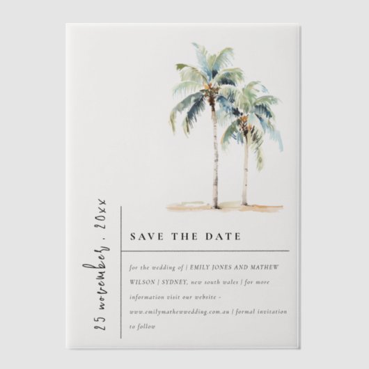 Minimale Palmen tropische Hochzeit retten das Datu Pergament Einladungen (Vorderseite)