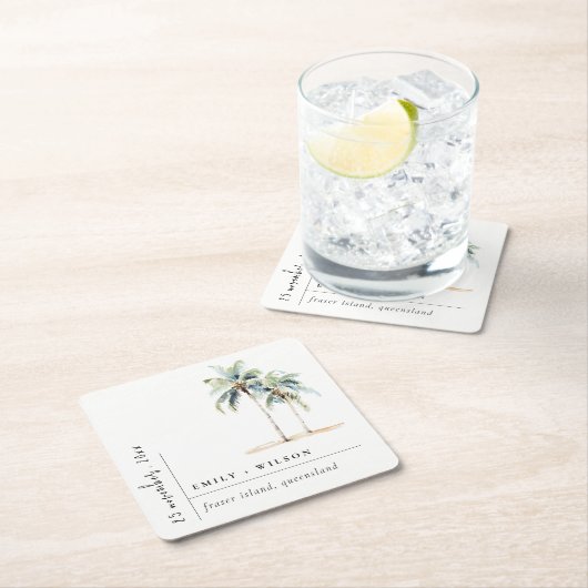 Minimale Palmen Wasserfarbe Tropische Hochzeit Rechteckiger Pappuntersetzer (Vor Ort)