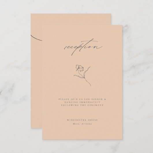 Minimale Peach Fine Art Floral Hochzeitsempfang Begleitkarte (Vorne/Hinten)