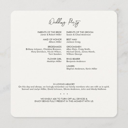 Minimale pflanzliche Botanische Milk White Wedding Programm (Rückseite)