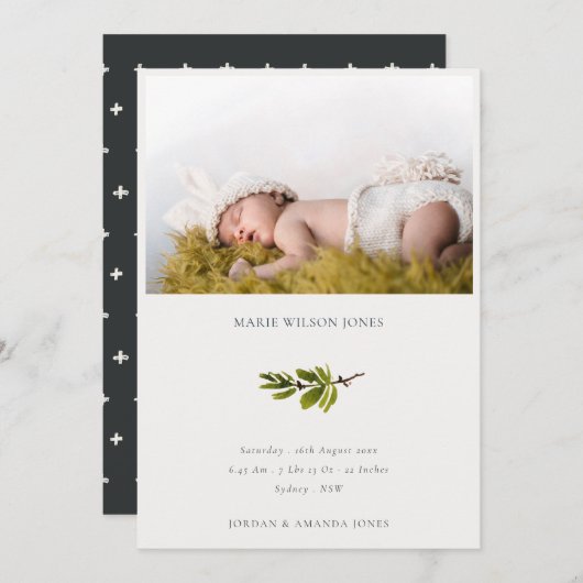 Minimale Pine Branch Foto Geburtsankündigung für B Dankeskarte (Vorne/Hinten)