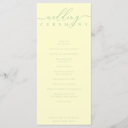 Minimale Pistazien- und Creme-Schrift-Hochzeitszer Programm (Vorderseite)