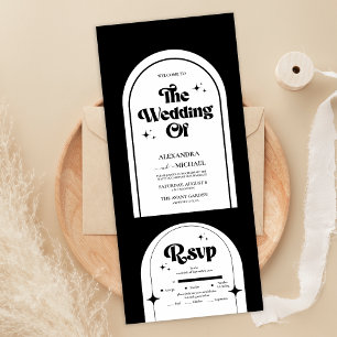 Minimale Retro-Bogen-Hochzeit in Schwarzweiß All In One Einladung