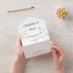 Minimale rosafarbene florale Hochzeitseinladung in All In One Einladung