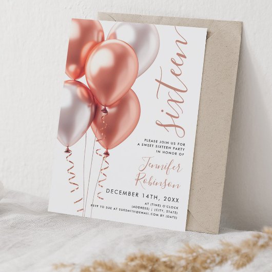 Minimale Rose Gold Ballons Sweet 16 Geburtstag Einladung