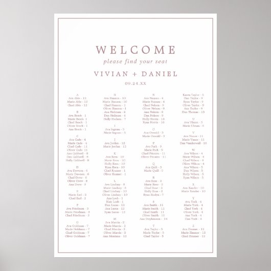 Minimale Rose Gold Typografie-Seating Chart Poster (Vorne)