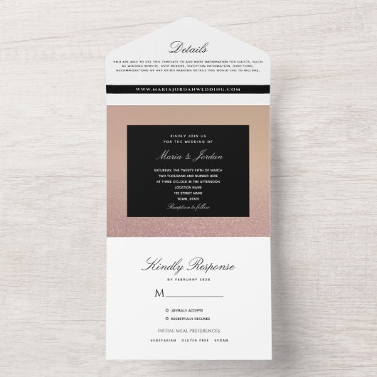 Minimale Rose Gold und Black Wedding All In One Einladung (Innen Boden)
