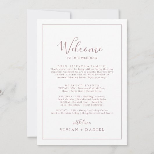 Minimale Rose Gold Willkommensbrief Strecke & Kart (Vorderseite)