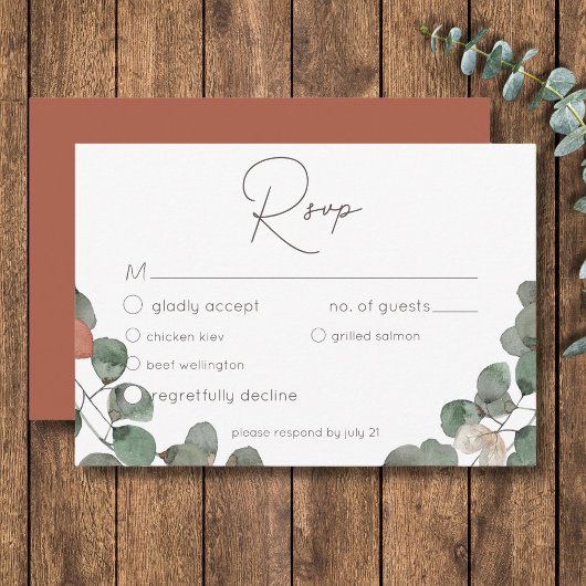 Minimale Rost grüne Eukalyptus-Wreath-Hochzeit RSVP Karte