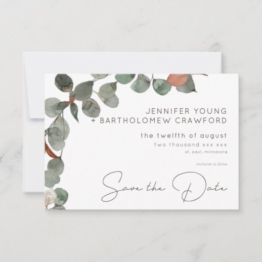 Minimale Rost grüne Eukalyptus-Wreath-Hochzeit Save The Date (Vorderseite)