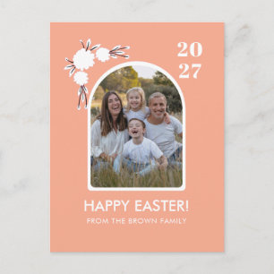 Minimale Röte-Bogen-Blumen-Ostern-Familienfoto Feiertagspostkarte