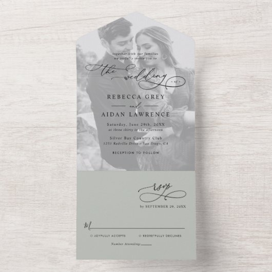 Minimale Rustikal Sage Green Foto Hochzeit All In One Einladung (Innen Boden)