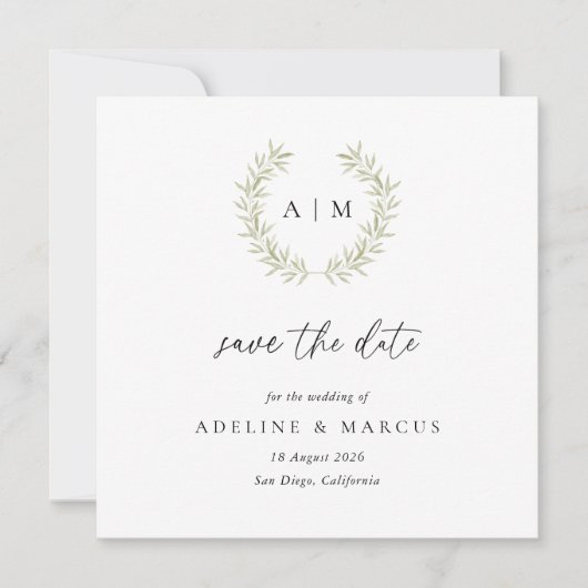 Minimale Sage Wreath Save the Date Karte (Vorderseite)