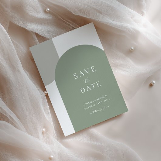 Minimale sagegrüne Boho-Bogen-Einfache Schrift Hoc Save The Date
