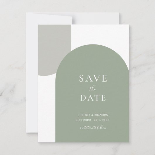 Minimale sagegrüne Boho-Bogen-Einfache Schrift Hoc Save The Date (Vorderseite)
