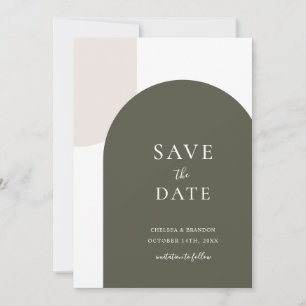 Minimale sagegrüne Boho-Bogen-Hochzeit mit weißer  Save The Date