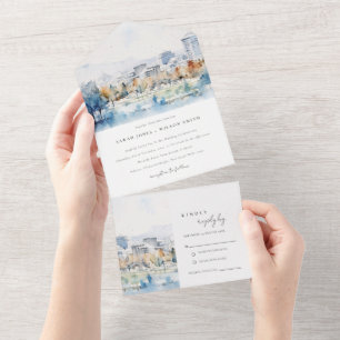 Minimale San Jose, Kalifornien Aquarell-Hochzeit All In One Einladung