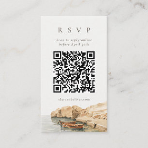 Minimale Santorini-QR-Code-Küstenhochzeits-Antwort Begleitkarte
