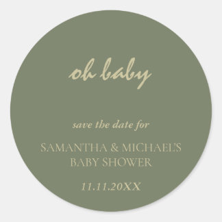 Minimale saubere Salbeigold-Schrift BABY Save Date Runder Aufkleber