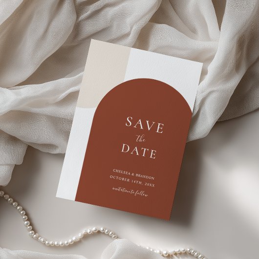 Minimale Schrift Boho Rustikale Terrakotta-Bogen-H Save The Date