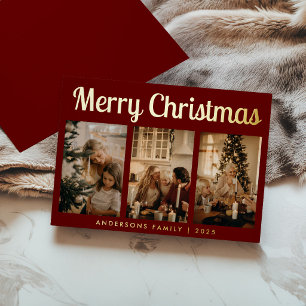 Minimale Schrift Drei Foto Rot Frohe Weihnachten Folien Feiertagskarte