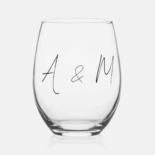 Minimale Schrift Monogramm Boho Hochzeit Schwarz W Weinglas Ohne Stiel (Vorderseite)