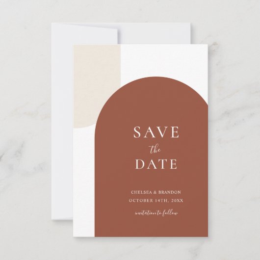 Minimale Schrift Rustikale Terrakotta Boho Bogen H Save The Date (Vorderseite)