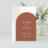 Minimale Schrift Rustikale Terrakotta Boho Bogen H Save The Date (Stehend Vorderseite)