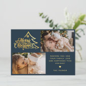 Minimale Schrift Zwei Foto Blau Frohe Weihnachten (Stehend Vorderseite)