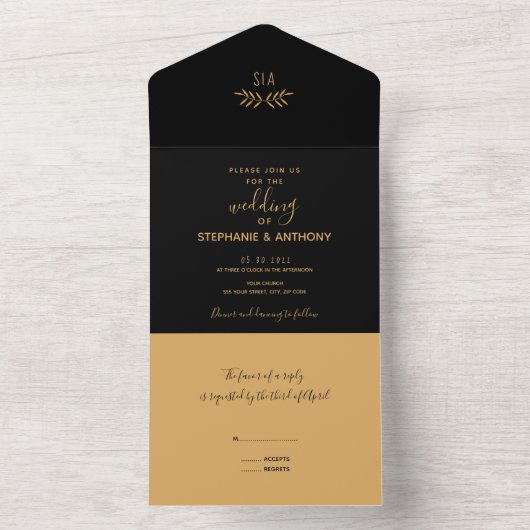 Minimale Schwarz-Gold-Branch-Kalligrafie-Hochzeit All In One Einladung (Innen Boden)