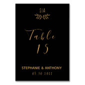 Minimale Schwarz-Gold-Branch-Kalligrafie-Hochzeit Tischnummer (Rückseite)
