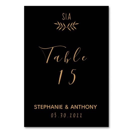 Minimale Schwarz-Gold-Branch-Kalligrafie-Hochzeit Tischnummer (Vorderseite)