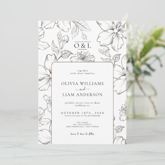 Minimale Schwarz-Weiß-Bläschen-Chic Monogramm-Hoch Einladung (Stehend Vorderseite)