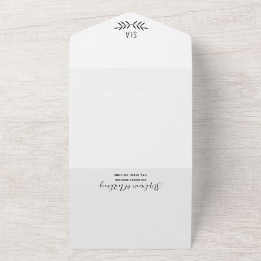 Minimale Schwarz-Weiß-Branch-Kalligrafie-Hochzeit All In One Einladung (Außenbereich)