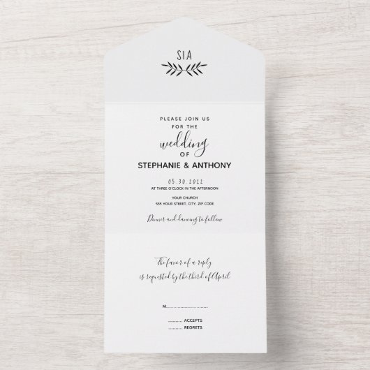 Minimale Schwarz-Weiß-Branch-Kalligrafie-Hochzeit All In One Einladung (Innen Boden)