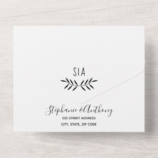 Minimale Schwarz-Weiß-Branch-Kalligrafie-Hochzeit All In One Einladung (Rückseite)