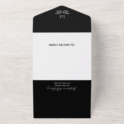 Minimale Schwarz-Weiß-Branch-Kalligrafie-Hochzeit All In One Einladung (Außenbereich)