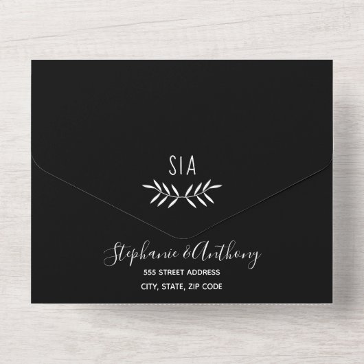 Minimale Schwarz-Weiß-Branch-Kalligrafie-Hochzeit All In One Einladung (Rückseite)