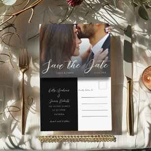 Minimale Schwarz-Weiß-Foto-Save-the-Date-Hochzeit Postkarte