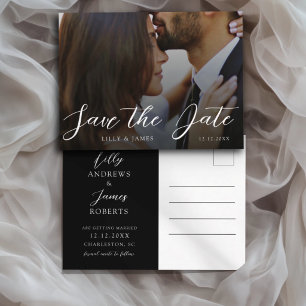Minimale Schwarz-Weiß-Foto-Save-the-Date-Hochzeit Postkarte