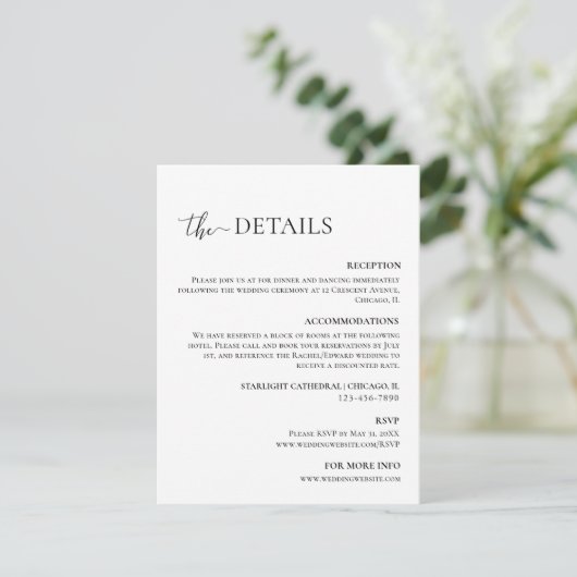 Minimale Schwarz-Weiß-Hochzeitdetails Begleitkarte (Stehend Vorderseite)