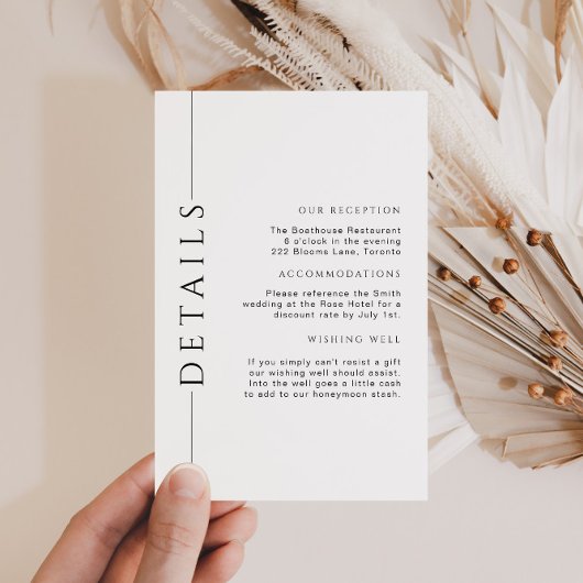 Minimale Schwarz-Weiß-Hochzeitsdetails einfügen Begleitkarte