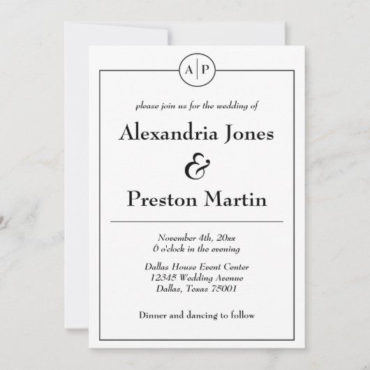 Minimale Schwarz-Weiß-Monogramm-Einladung Einladung (Vorderseite)